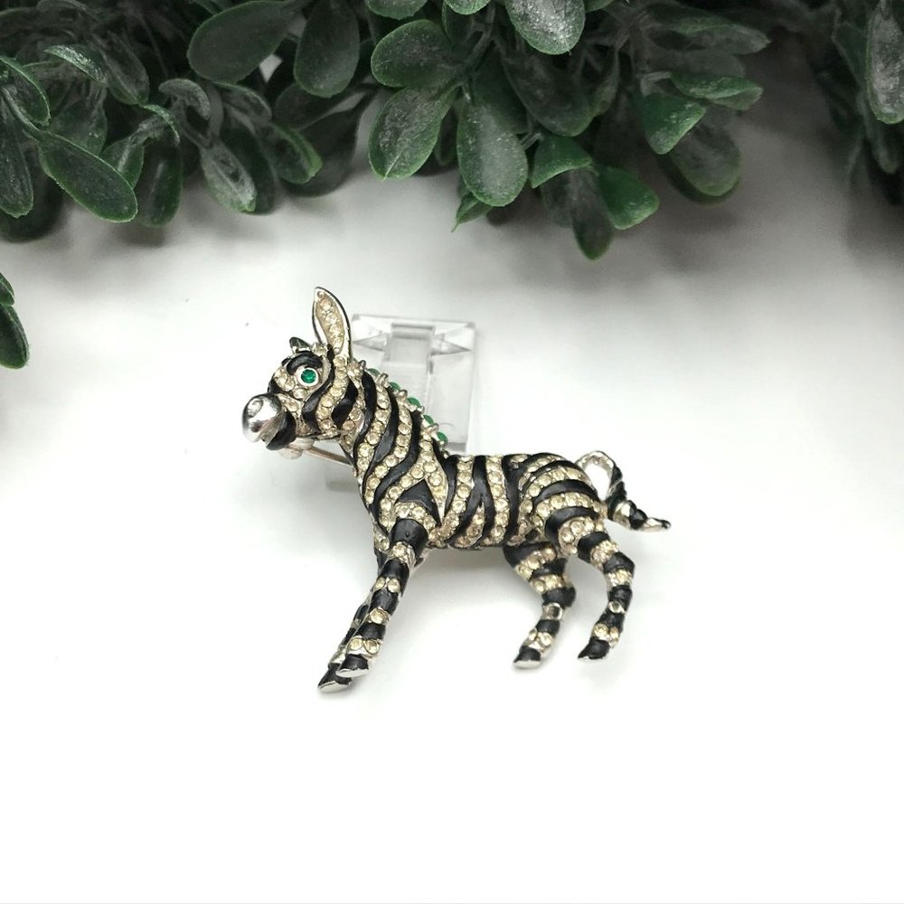 Brooch silver tone zebra black enamel clear green rhinestones by Chapel Hill ***